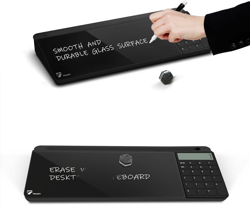 TOWON Desktop Glass Whiteboard with Basic Calculator, 12 Digit LCD Display, Desk Organizers with Accessories for Office, Home, School Supplies, Storage with Dry Erase Board Surface, Black, 17'' x 6'' - Image 5